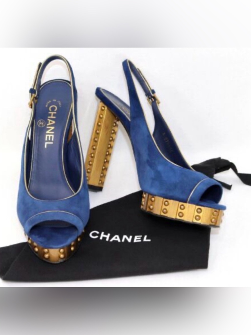 Authentic blue suede CHANEL Blue and Gold Studded Slingback Heels EUC